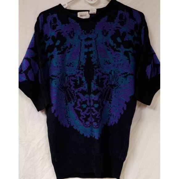 Leslie Fay Medium Black Purple Floral Aztec Tapered Body 3/4 Sleeves Sweater - Picture 1 of 14